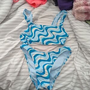 Blue and White Wave Pattern Bikini Set
